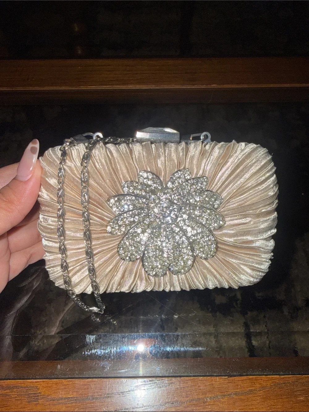 Charming Charlie Champagne Satin Crystal Flower Evening Clutch